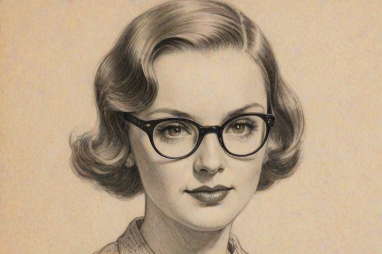 Lovely Kathryn Gallagher, pencil sketch, portrait of Resplendent woman 1933s in glasses, hair style beatnik, outline, clear lines, fine lines, 8k