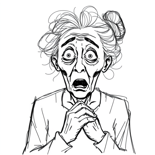 scribbly unfinished sketch, old lady with messy gray hair in a loose bun, surprised expression, mouth open, hands clasped together in front of her chest. Her eyes are wide, eyebrows are furrowed. vibe of shock or surprise.