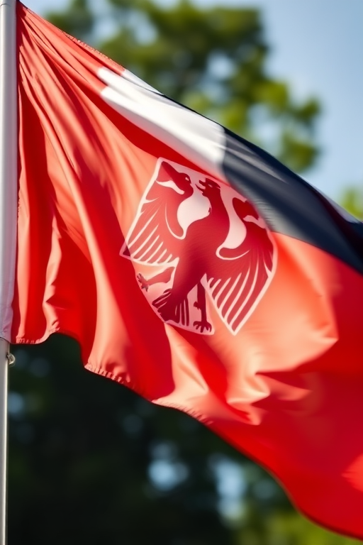 Create an image of a waving flag featuring the red, white, and blue design of a German state flag, using a DSLR camera with a 50mm lens, f/4 aperture, ISO 100, and a shutter speed of 1/250s, with a slight motion blur effect to emphasize movement, captured in natural daylight for vibrant colors.