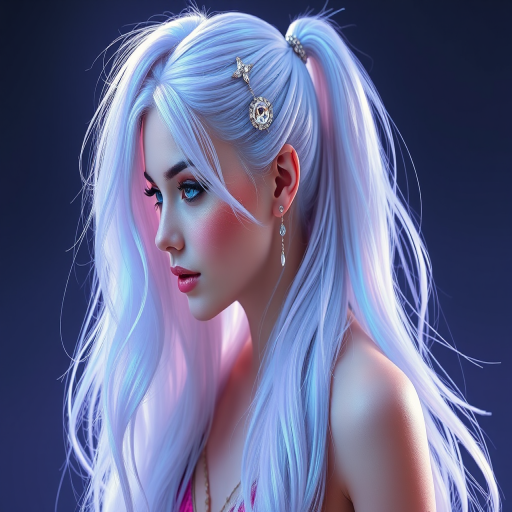 Mystical portrait reveals Moonstone Shimmer long hair, pearlescent white base with iridescent blue and purple undertones, styled in a sleek high ponytail with crystal-embellished accessories