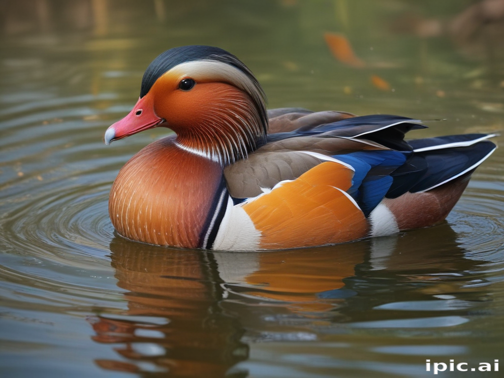 A Colorful Mandarin Duck Swimming Gracefully in Calm Reflective Water