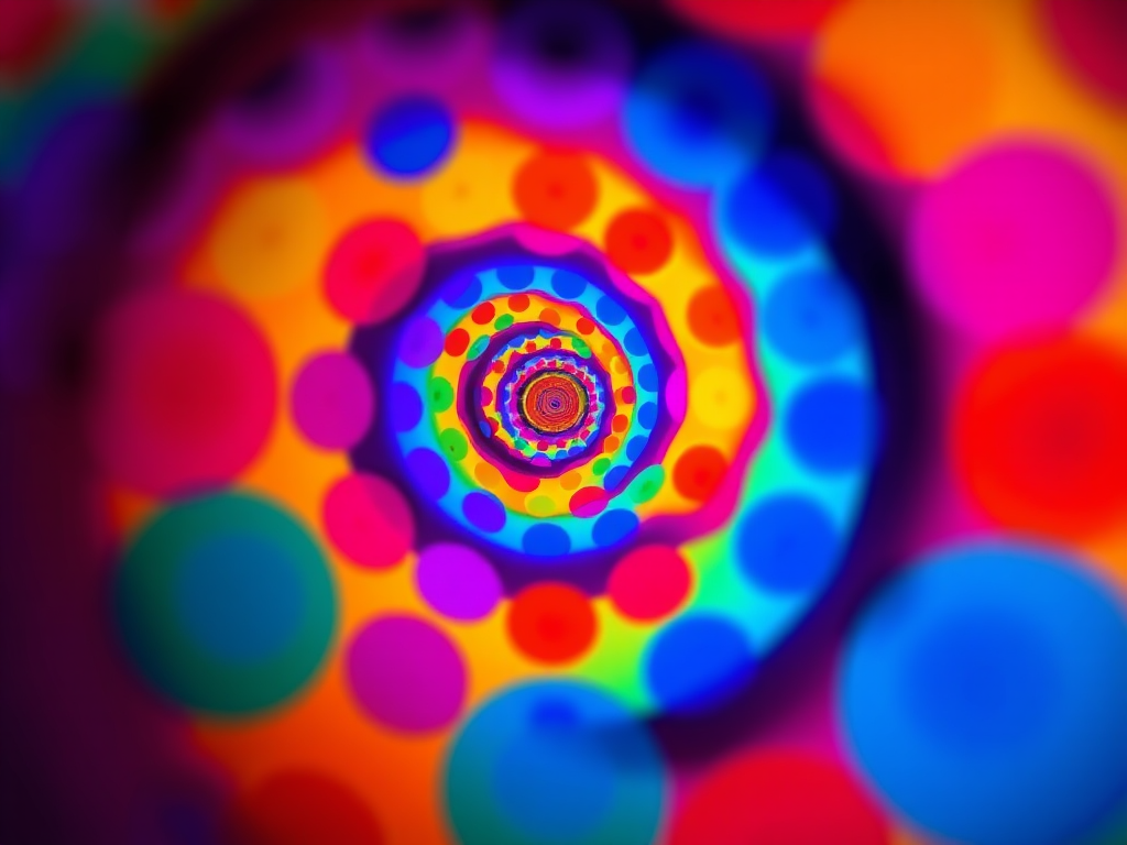 Create a vibrant, abstract image of a colorful spiral pattern with a focus on a gradient of bold hues and circular shapes, using a DSLR camera set to f/8, ISO 100, with a wide-angle lens at 24mm, shooting from a high angle view to capture depth and detail in the composition.