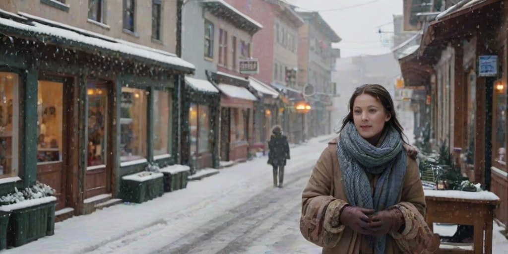 Quiet mountain town, snow lightly falling on the rooftops, a woman bundled in a scarf and mittens, window-shopping along a charming, snow-covered street.