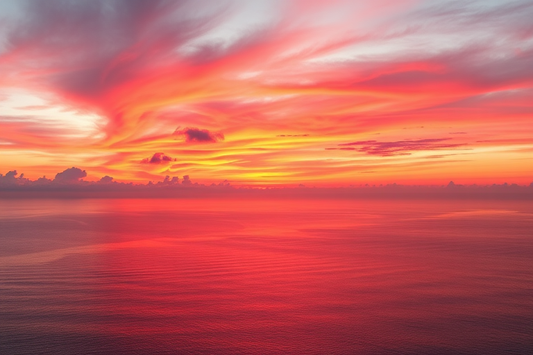 sunset over a calm ocean with vibrant red and orange hues, soft clouds reflecting the colors, high resolution, aperture f/8, ISO 100, shutter speed 1/200s, wide angle view, DSLR camera, landscape style