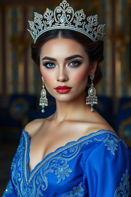 A gorgeous Kyrgyz woman in a luxurious blue gown, accessorized with a dazzling tiara and statement earrings, her deep blue eyes highlighted by impeccable makeup, poised in a royal setting, photorealistic, 8K quality