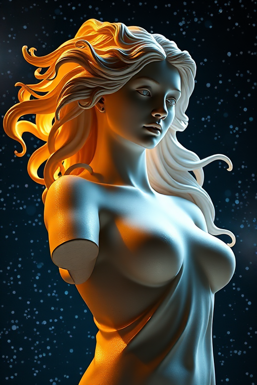 Create a high-resolution image of a sculpture of a woman with flowing hair, illuminated against a cosmic background, captured with a DSLR camera at f/2.8, ISO 100, and a 50mm lens in portrait mode.