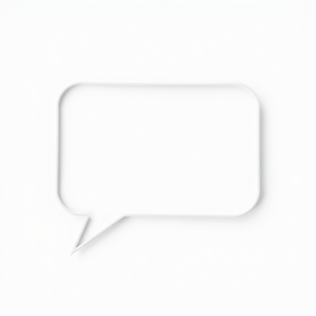 Create an image of a blank speech bubble with a smooth, clean outline against a white background, shot with a Canon EOS 5D Mark IV camera at f/8 aperture, ISO 100, 50mm lens, using a shallow depth of field to enhance clarity and focus.