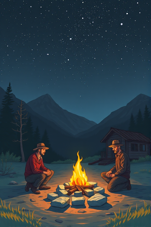 Generate an illustration of a tranquil campsite at night with a central campfire, surrounded by three men in rustic clothing, a small wooden cabin nearby, mountains in the background, and a starry sky above, using a DSLR camera with an aperture of f/2.8, ISO 400, a 24mm lens, and a low angle view to capture depth and detail in the scene.