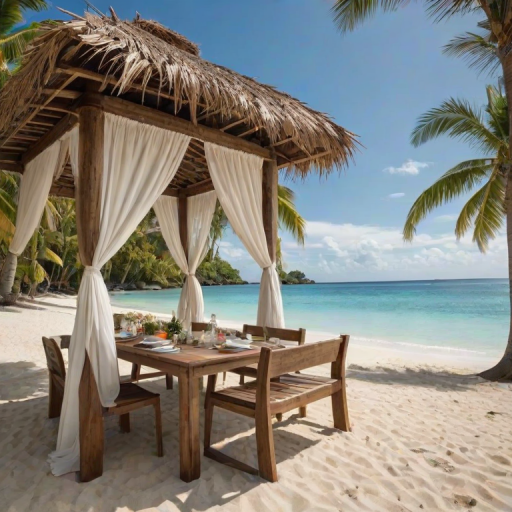 Create a picturesque tropical beach scene featuring a serene, white sandy shore. In the foreground, there's a rustic wooden canopy with white drapes gently flowing in the breeze. Underneath the canopy, a table is set with tropical decor, evoking a sense of relaxation and leisure. The beach extends into a calm, shallow water area with reflections of the sky and surroundings. Palm trees and lush greenery line the edge of the beach, providing a natural, tropical backdrop. The sky is clear with a few scattered clouds, and the overall atmosphere is tranquil and inviting, perfect for a peaceful retreat.