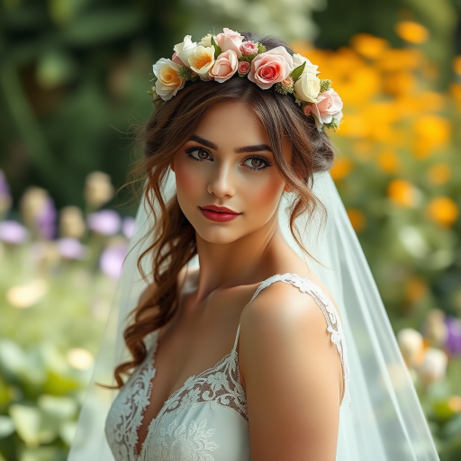 Garden scene, bridal model, delicate lace gown, floral headpiece, soft romantic focus, high-key lighting and an 85mm lens for soft, even tones that highlight the model’s face and bright outfit against a white or light background