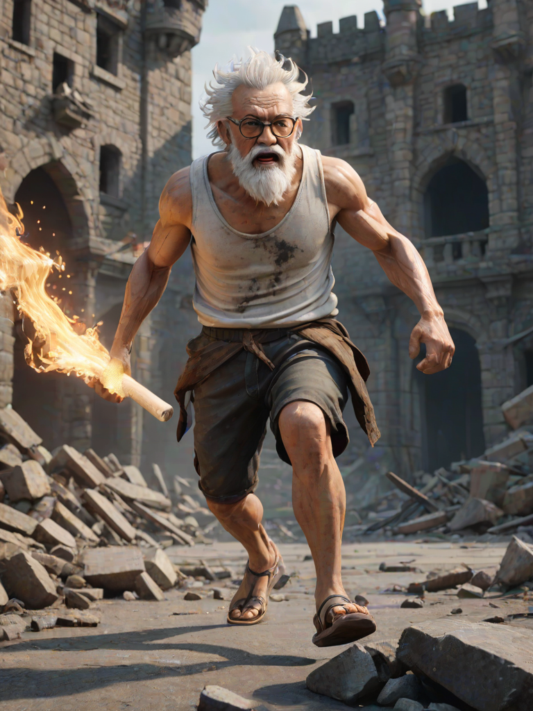 Cartoon 3D High-Resolution,dynamic battle scene using Unreal Engine 5 and Octane Render. The scene features back of an elderly, thai man with a beard,messy hair and round golden-rimmed glasses. He is wearing a tattered tank top with soot marks, shorts, and sandals. sweating. he wields a baseball bat. He jump to fight with a white fire-breathing Europe dragon amidst a partially destroyed stone castle. Include intense flames, smoke, and debris to enhance the dramatic effect.