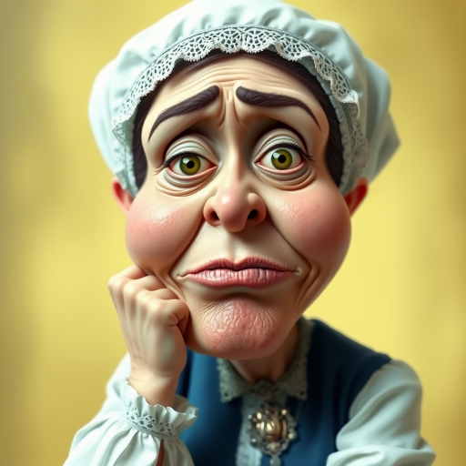 The image is a caricature of a woman with exaggerated features. She is wearing a white bonnet with lace trim and a white blouse with a blue bodice. She is leaning her chin on her hand with a bored or tired expression. Her lips are full and pouty, her cheeks are round and puffy, and her eyes are wide and slightly crossed. Her nose is long and thin, and her brows are furrowed. She is wearing a necklace with a large, ornate pendant. The background is a soft, blurry yellow. The overall effect is humorous and slightly grotesque.