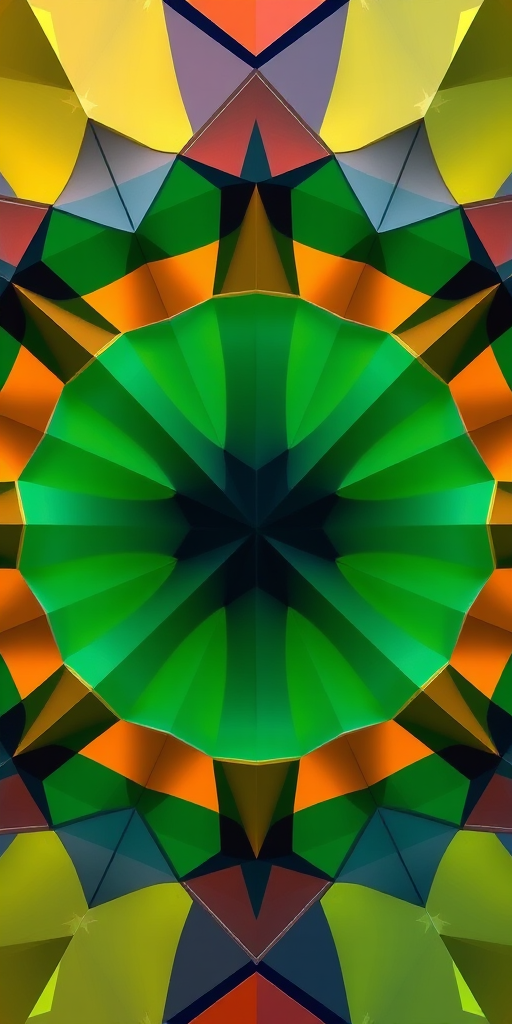 Create a high-resolution image of an abstract geometric pattern, shot with a DSLR camera at f/8 aperture, ISO 100, 1/125 shutter speed, using a wide-angle lens from a top-down view, with vibrant colors and sharp contrast for enhanced detail.