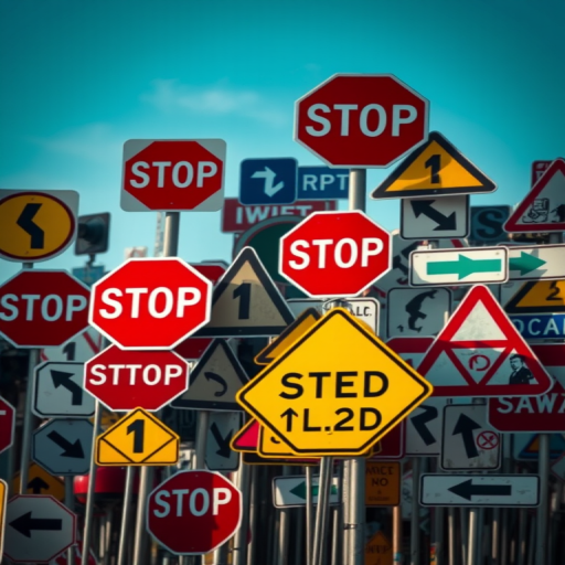 Create an image of a chaotic arrangement of various road signs, including stop signs, yield signs, and directional signs, captured with a DSLR camera, aperture set to f/2.8, ISO 100, at a wide-angle view, using a high-resolution lens for clarity and depth.