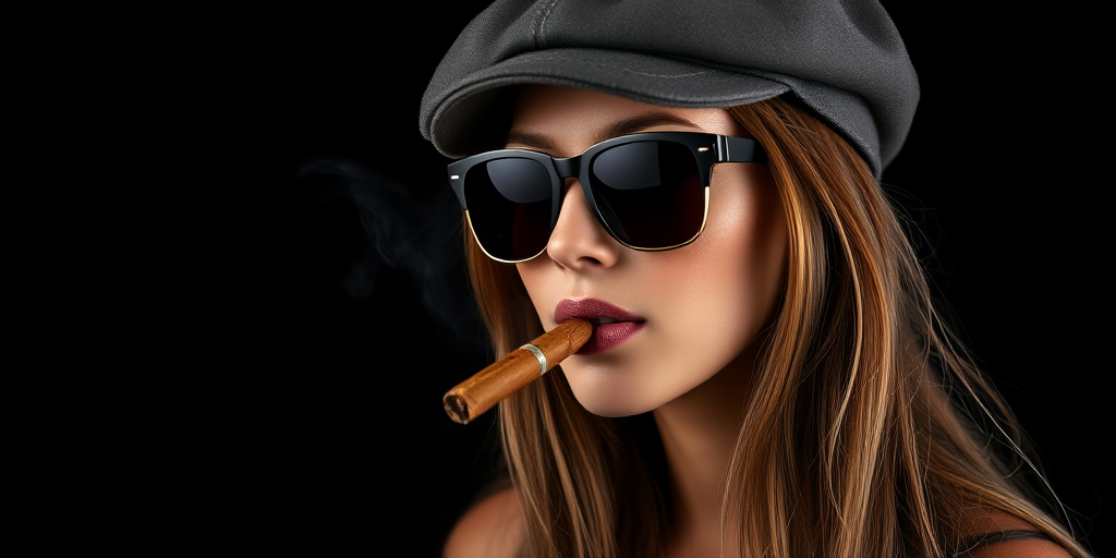 Regenerate an image of a woman with long hair wearing a flat cap and sunglasses, smoking a cigar, in a low-key lighting setup with a black background, captured with a Canon EOS R5 at 1/200s, f/2.8, ISO 100, 50mm lens, portrait orientation, using softbox lighting for a professional look.