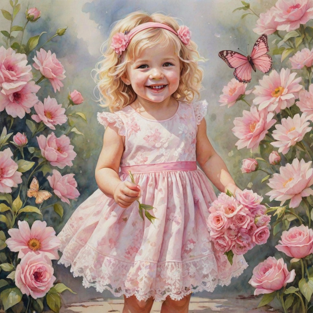 hyperrealism happy smiling toddler girl with messy wavy blonde hair with a headband, she is wearing a pink and white lace dress with pink and white shoes, she is holding a pink bouquet of flowers. Pink flowers and butterflies. summer background. Watercolor Highly detailed