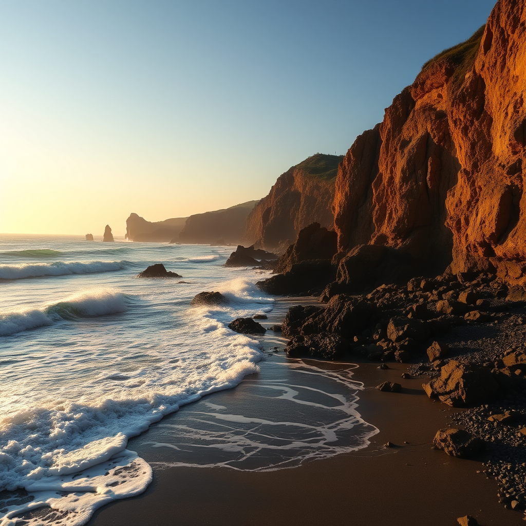 Coastal scene with crashing waves against rocky cliffs, golden hour lighting, taken with a Canon EOS R5, 24mm lens, aperture f/8, ISO 100, shutter speed 1/125s, high dynamic range, focused on the shoreline with a slight tilt for depth.