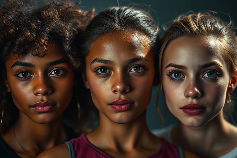 Generate an image of three diverse young people with distinct hairstyles and expressions, with the focus on their faces, captured in a shallow depth of field using a Canon EOS R5 at f/1.8, ISO 100, 50mm lens, with dramatic lighting and a cinematic style.