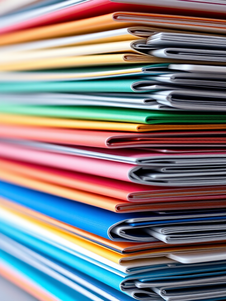 Close-up shot of colorful stacked folders with a shallow depth of field, 50mm lens, f/2.8 aperture, ISO 100, natural light, DSLR camera.