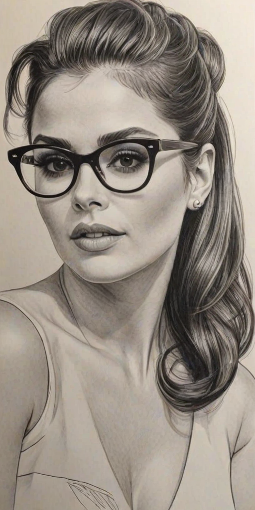 Ravishing Cheryl Cole, pencil sketch, portrait of Bewitching woman 1956s in glasses, hair style beatnik, outline, clear lines, fine lines, 8k