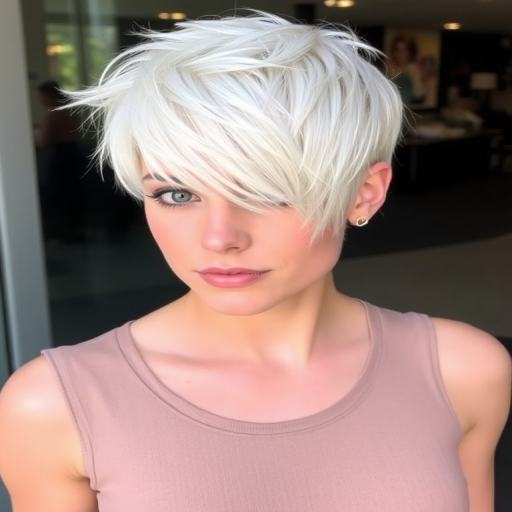 Striking platinum blonde pixie cut named "Frost Whisper" with textured layers, icy white highlights throughout, asymmetrical bangs swept to one side, short tapered nape, choppy crown for added dimension, edgy yet sophisticated appearance