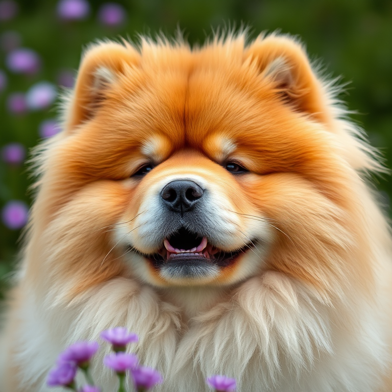 A close-up portrait of a fluffy Chow Chow dog with a soft focus background of green grass and purple flowers, captured with a Canon EOS R5, 85mm lens, aperture f/1.8, ISO 100, 1/500s, natural lighting, shallow depth of field.