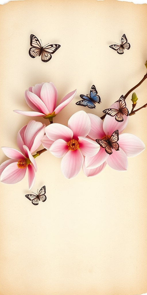 Create a vintage postcard design featuring soft pink magnolia flowers and delicate butterflies in the corner, with a textured, aged paper background, using a DSLR camera with a 50mm lens at f/2.8, ISO 100, and a soft focus effect for enhanced image quality, taken from a top-down view.