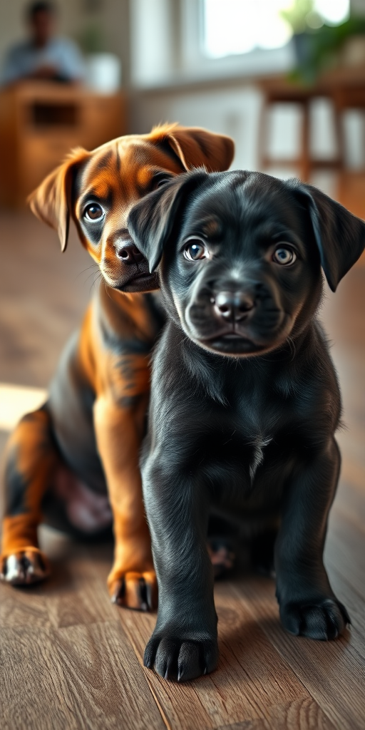 Generate a high-resolution image of two playful puppies, one brindle and one black, with shiny fur and expressive eyes, sitting on a textured wooden floor, natural soft lighting, captured with a Canon EOS R5 at f/1.8, ISO 200, 50mm lens, shallow depth of field for a blurred background, in a warm cozy setting.