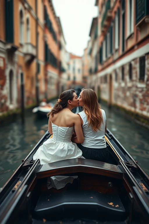 A romantic scene of a couple in a gondola kissing in a picturesque Venice canal, soft focus with natural lighting, shot with a DSLR camera at f/1.8, ISO 200, shutter speed 1/1000s, using a 50mm lens for a shallow depth of field.