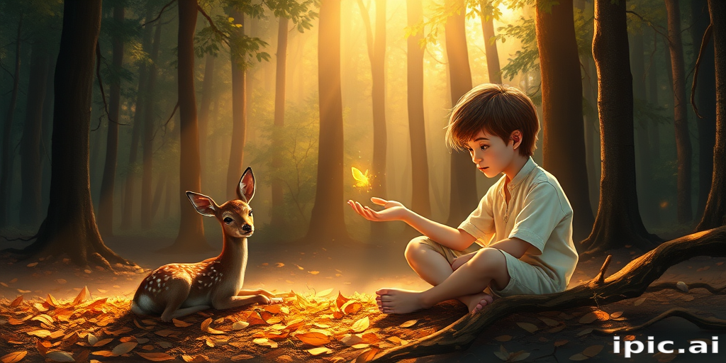 A luminous digital painting of a serene forest scene featuring a barefoot young boy, about 7 years old, with brown hair and fair skin, dressed in a simple white outfit. He sits cross-legged on the forest floor, gazing at a small, glowing, magical firefly in his hand. Beside him, a delicate spotted deer lies calmly on a bed of dried leaves, observing the scene. The dense forest is bathed in warm, golden light filtering through the trees, creating a peaceful, magical atmosphere with a blend of natural and mystical elements.