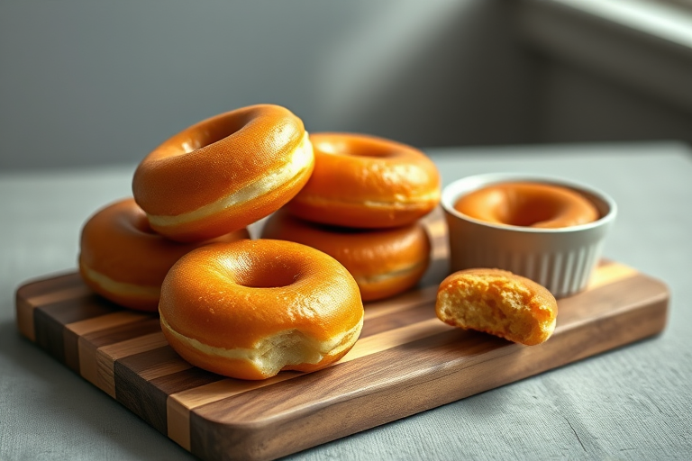 aesthetic food photography of golden-brown donuts on a rustic wooden cutting board and in a small bowl with natural lighting, shallow depth of field, 50mm lens, f/2.8 aperture, ISO 100, soft focus background, DSLR camera