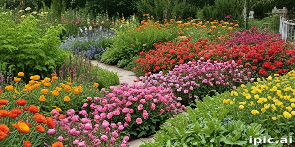 Vibrant Flower Garden Pathway Surrounded by Colorful Blossoms in Full Bloom