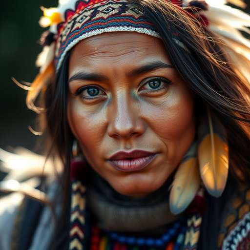 Create a vibrant portrait of a Native American woman with feathers in her hair, captured in soft natural lighting, using a DSLR camera with a 50mm lens, f/1.8 aperture, ISO 200, 1/100s shutter speed, in a medium close-up view to enhance facial features and details.