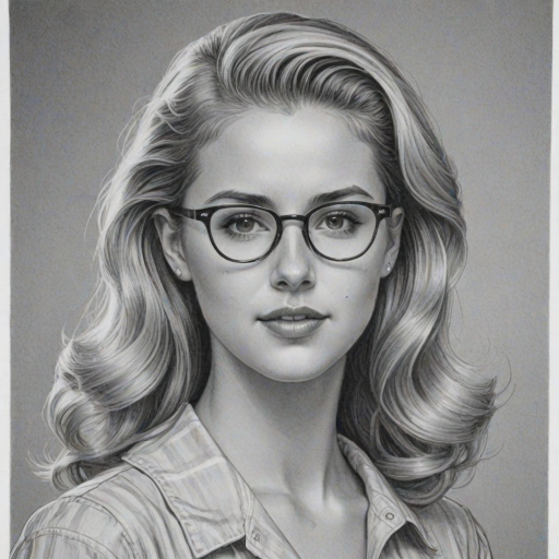 Comely Caroline Sunshine, pencil sketch, portrait of Alluring woman 1947s in glasses, hair style beatnik, outline, clear lines, fine lines, 8k