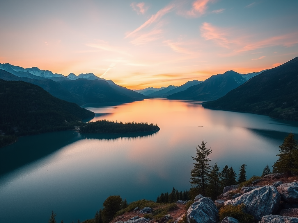 Create a high-resolution image of a serene landscape featuring a calm lake surrounded by mountains at sunrise, using a DSLR camera with an aperture of f/8, ISO 100, shutter speed of 1/125 sec, shot from a wide-angle perspective to capture the expansive view, applying a natural light style for vibrant colors.