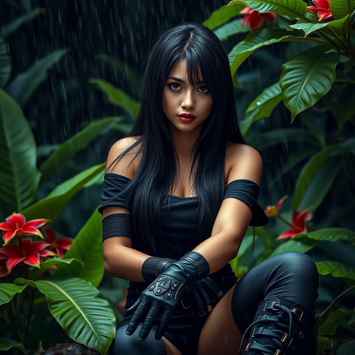 A highly detailed photograph of a woman with long black hair, sitting in the rain beneath lush green foliage. She wears a black off-the-shoulder top, fingerless gloves, and combat boots, giving her a rugged, militaristic look. Her left arm is bandaged, hinting at a recent struggle. The jungle background is vibrant, with large green leaves and red flowers contrasting against the rainy, dark sky. Fine rain droplets add realism and atmosphere to the scene.