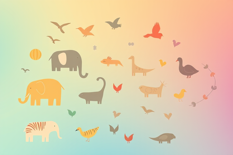 Regenerate an illustration of abstract animal shapes including elephants, birds, and whimsical creatures on a gradient background, using a 50mm lens at f/2.8, with a soft focus effect, taken from a top-down view using a DSLR camera.