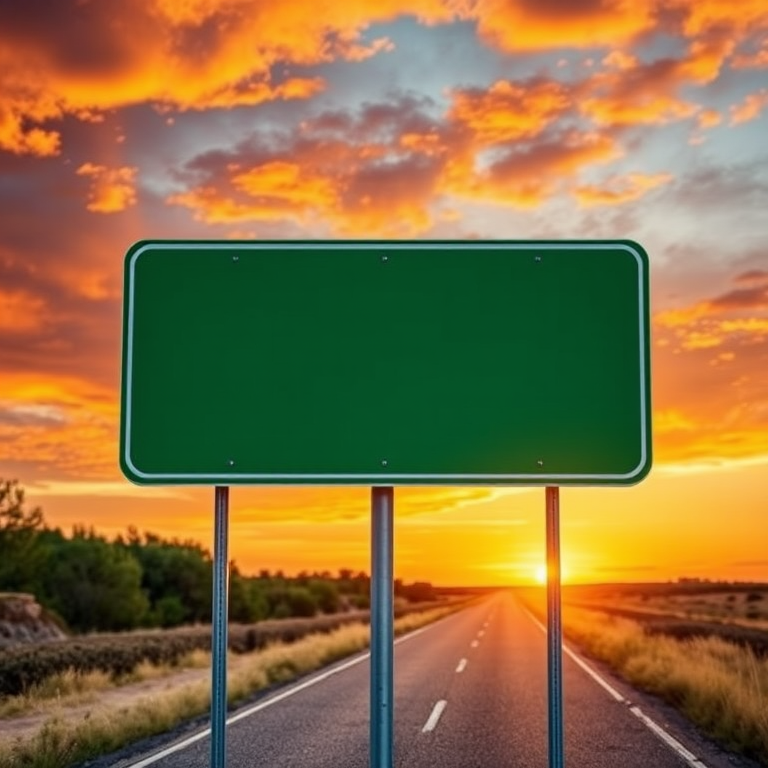 Create an image of a blank green road sign with a dramatic sunset background, using a DSLR camera at f/8 aperture, ISO 100, 1/200 sec shutter speed, with a landscape orientation and focus on the sign in the foreground.
