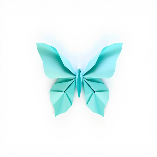 Create an image of a turquoise origami butterfly against a plain white background. The butterfly should have delicate wings and a smooth, folded appearance, showcasing the intricate art of origami.