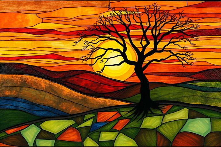 A vibrant abstract painting on Tiffany Glass, blending acrylic and alcohol ink techniques, captures a dramatic sunset over rolling hills. The artwork features a textured, rocky foreground in green and brown, layered abstract hills, and a striking sunset in rich oranges, yellows, and reds. A solitary black tree with intricate branches contrasts against the fiery sky, creating a dynamic and expressive portrayal of a breathtaking natural scene.
