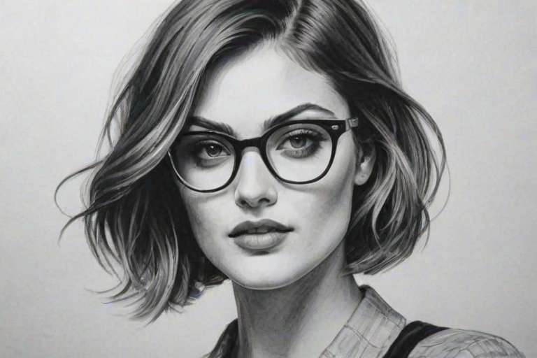 Enticing Phoebe Tonkin, pencil sketch, portrait of Ravishing woman 1929s in glasses, hair style beatnik, outline, clear lines, fine lines, 8k