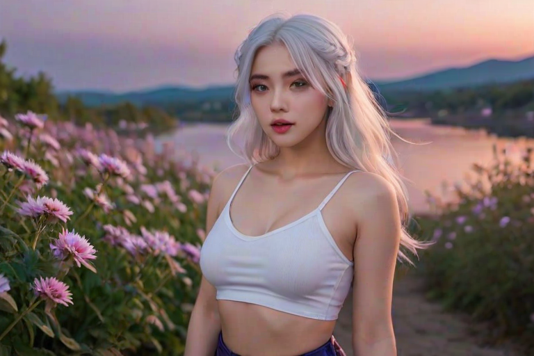 masterpiece, best quality, 1girl, white hair, purple eyes, glowing eyes, crop top, skirt, parted lips, blush, night, flowers, sun, sunlight,
