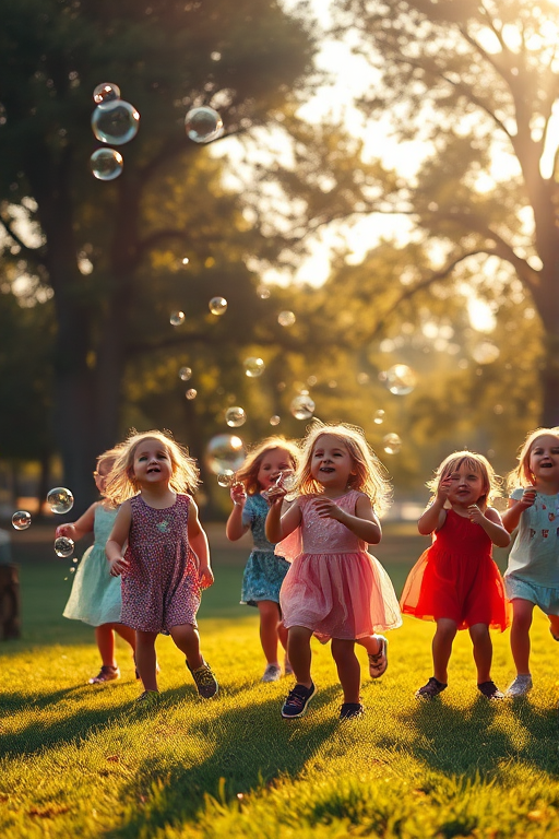 Warmly lit photo of a group of children chasing bubbles in a park, soft sunlight filtering through the trees, bubbles floating in the air, the smell of fresh grass and laughter creating a feeling of joy.