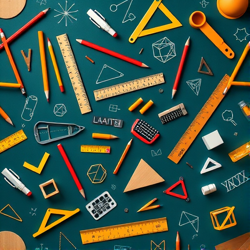 create a seamless pattern of various school supplies including pencils, rulers, compasses, protractors, and various geometric shapes on a dark teal background, taken with a Canon EOS R5, 50mm lens, f/2.8 aperture, ISO 100, natural lighting, top-down view, high dynamic range.