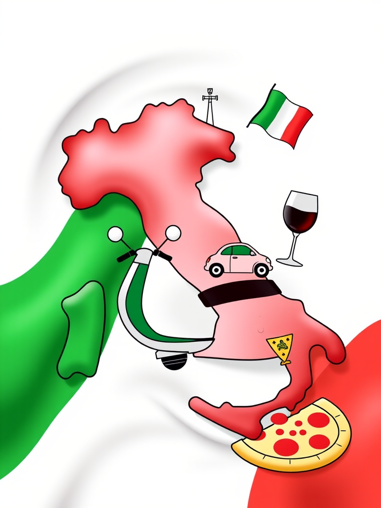 Create an illustration of the Italian flag with a smooth wave effect, featuring iconic symbols like a scooter, a car, a glass of wine, and a slice of pizza, using a Canon EOS R5 camera with a 50mm lens, f/1.8 aperture, ISO 100, and soft natural lighting for enhanced clarity and vibrancy.