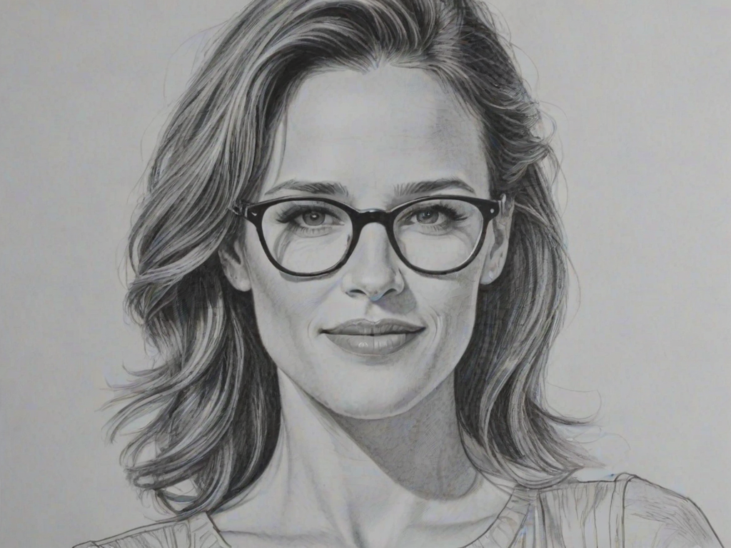 Enchanting Jennifer Garner, pencil sketch, portrait of Ravishing woman 1959s in glasses, hair style beatnik, outline, clear lines, fine lines, 8k