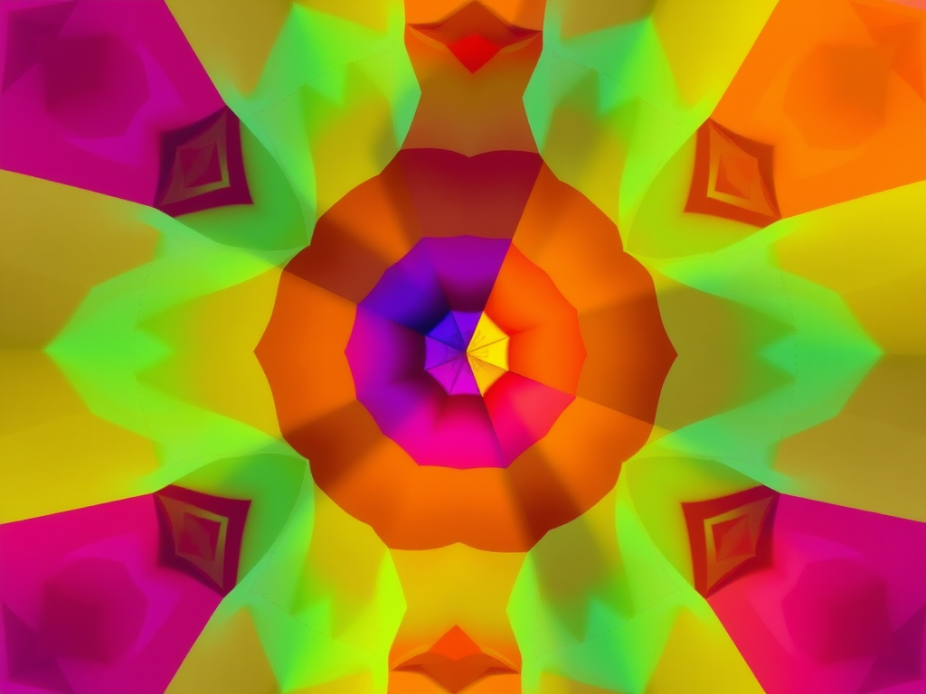 Generate a high-resolution image of an abstract geometric pattern with vibrant colors, captured using a DSLR camera at f/2.8 aperture, ISO 100, 1/60 sec shutter speed, overhead view, in vivid color style.