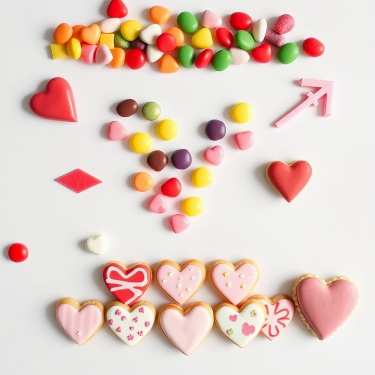 A flat lay of colorful candies in a heart-shaped arrangement, two decorative arrows, and a row of various frosted heart-shaped cookies on a clean white background, taken with a DSLR camera at f/2.8 aperture, ISO 100, 50mm lens, natural soft lighting for enhanced clarity and detail.