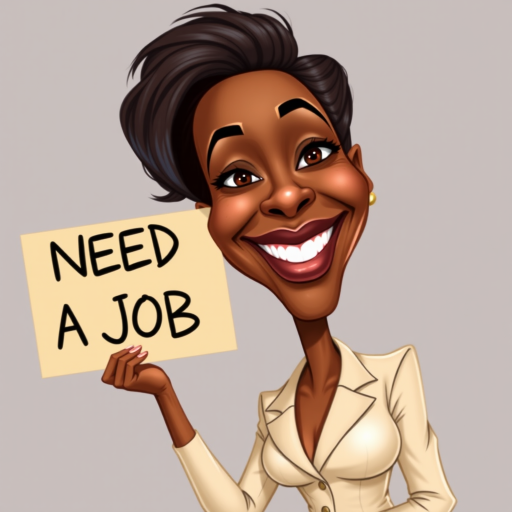 caricature of a smiling Angela Bassett in a Cream dress or suit, holding up a sign that says "NEED A JOB", no watermark,