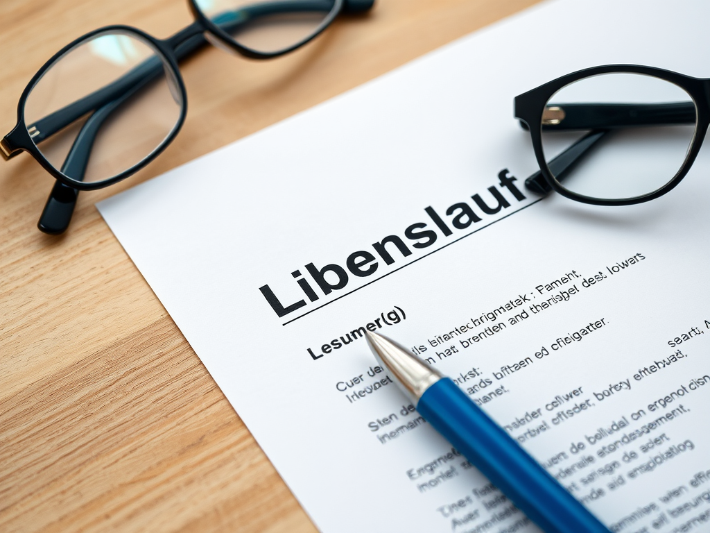 Capture a close-up shot of a resume titled 'Lebenslauf' with a blue pen and glasses resting beside it, using a DSLR camera, 50mm lens at f/2.8 aperture, ISO 100, and natural lighting for enhanced clarity and detail.